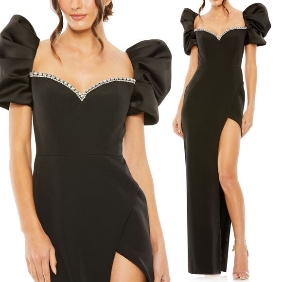 Mac Duggal Ieena Black Puff Sleeve Beaded Sweetheart Neck High Slit Gown Size 16 - Picture 1 of 16
